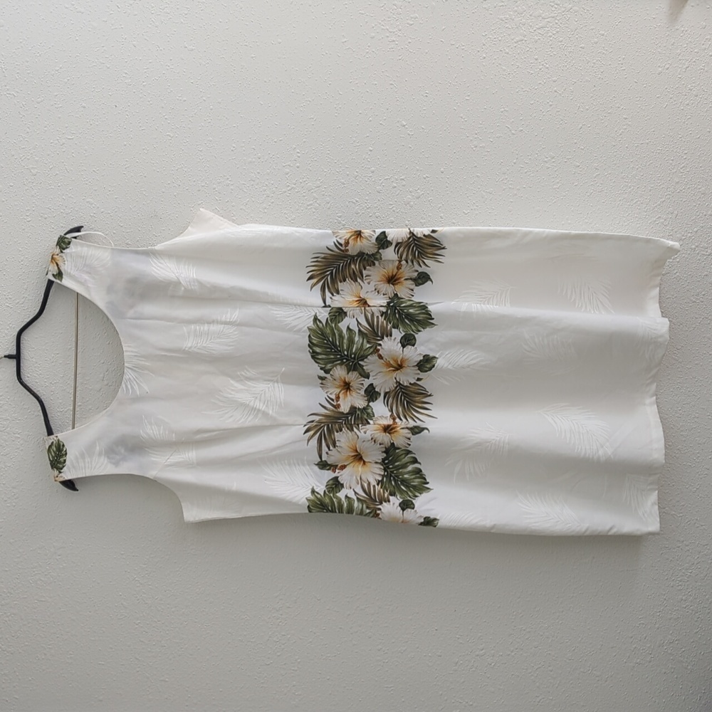 KY'S Vintage Made In Hawaii Dress USA Beach Floral White Cotton Palm